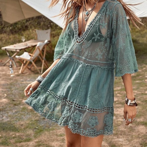 Green Boho Womens Contrast Lace Plunging Cover Up - Picture 3 of 5